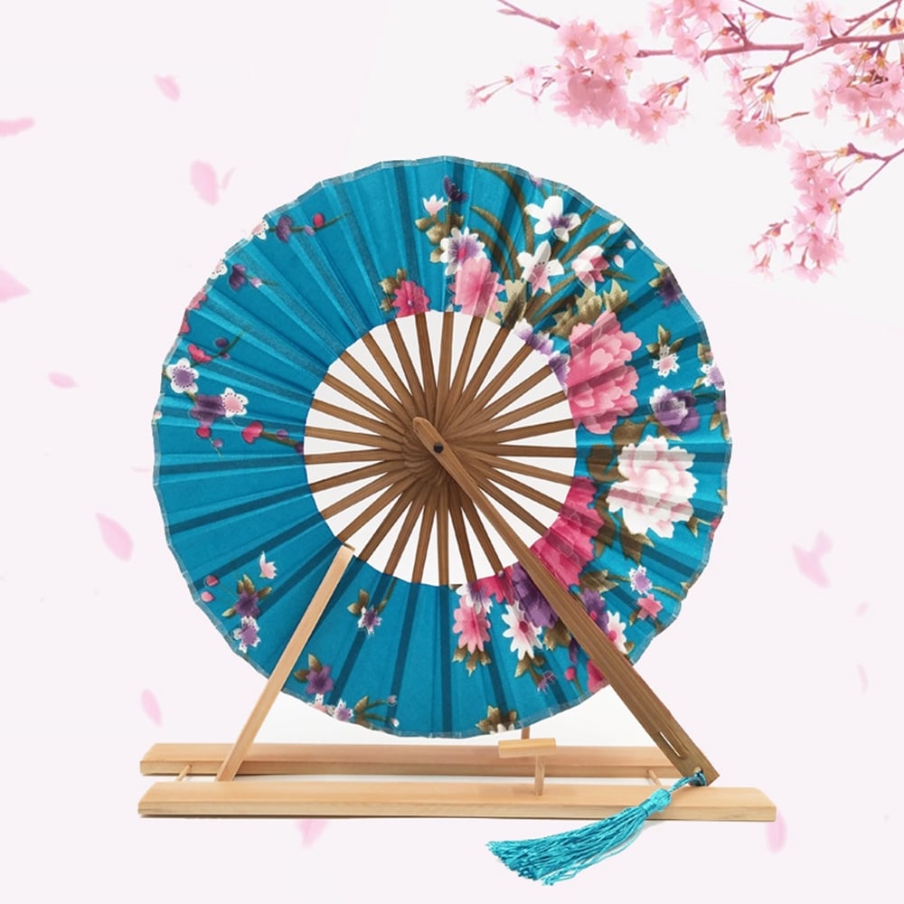 Éventail japonais rond floral turquoise
