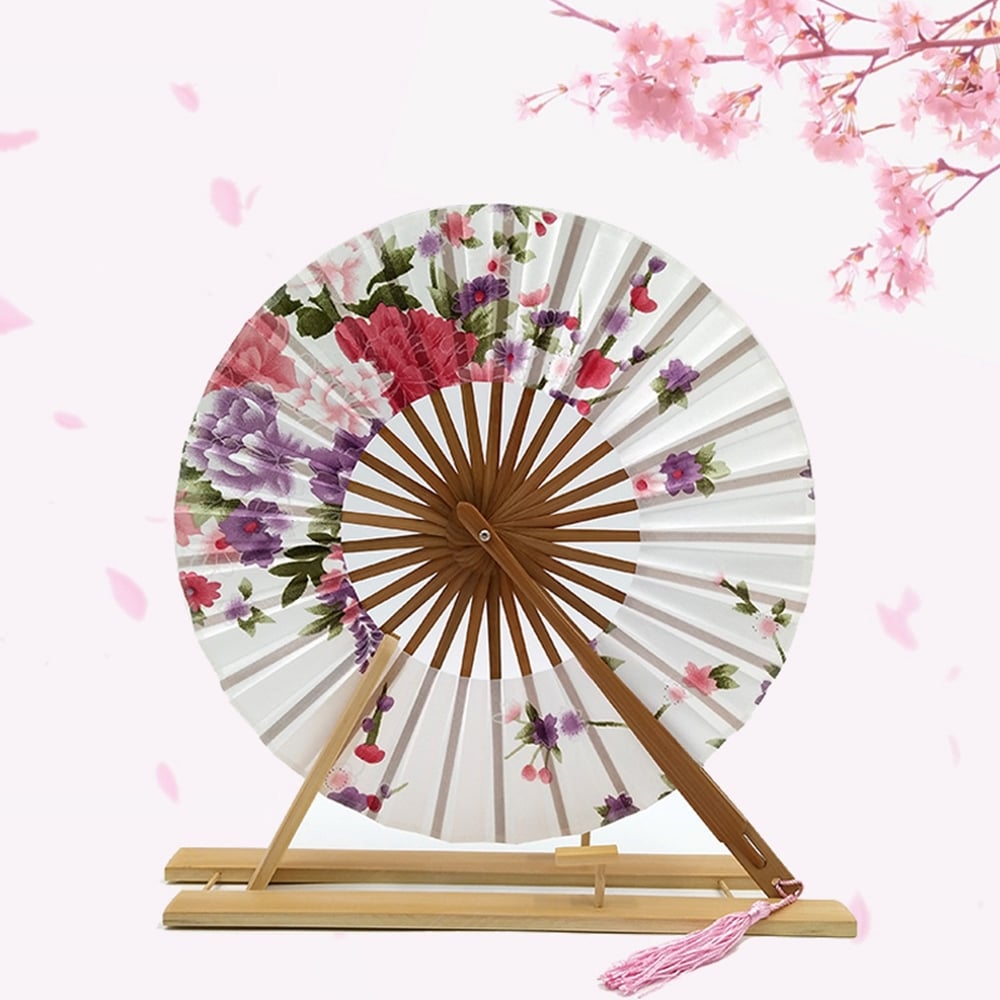 Éventail japonais rond floral turquoise