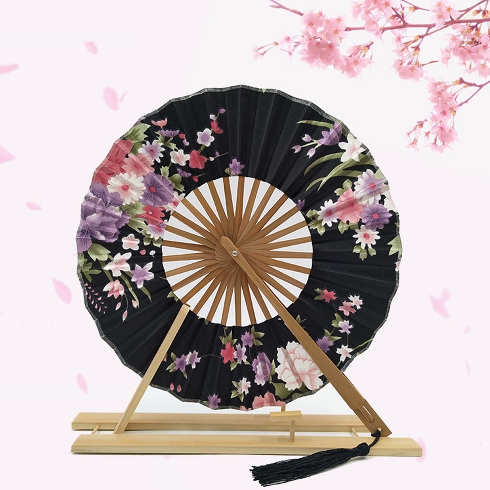 Éventail japonais rond floral turquoise