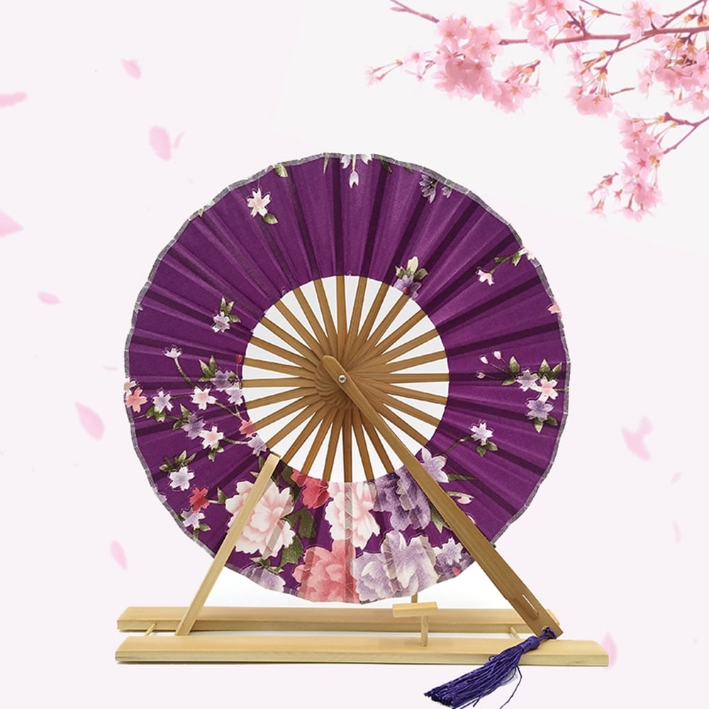 Éventail japonais rond floral turquoise
