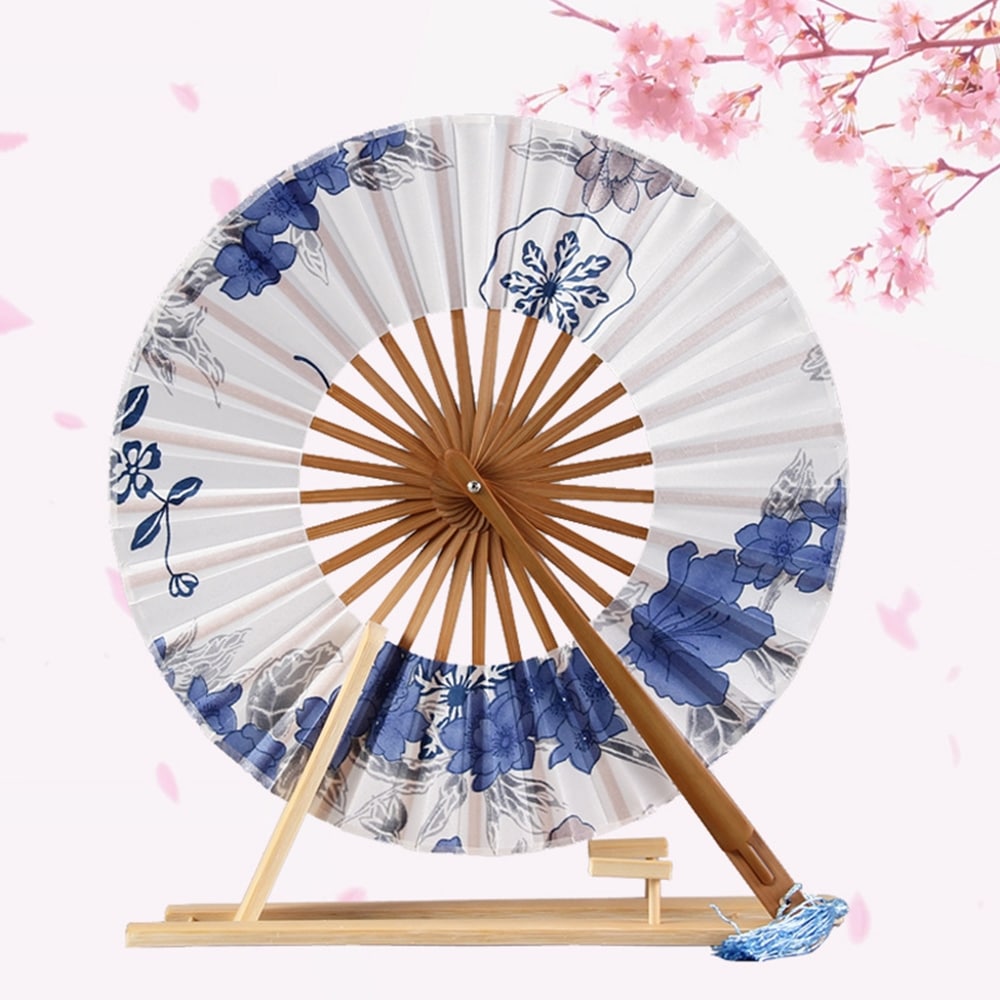 Éventail japonais rond floral turquoise