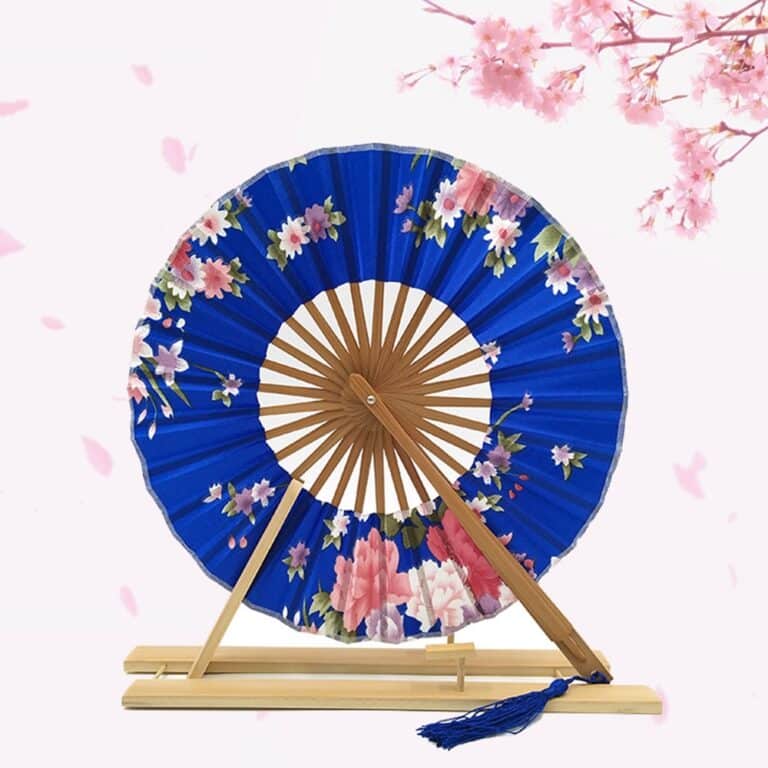 Éventail japonais rond floral turquoise