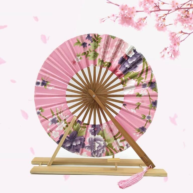 Éventail japonais rond floral turquoise