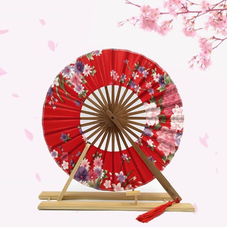 Éventail japonais rond floral turquoise
