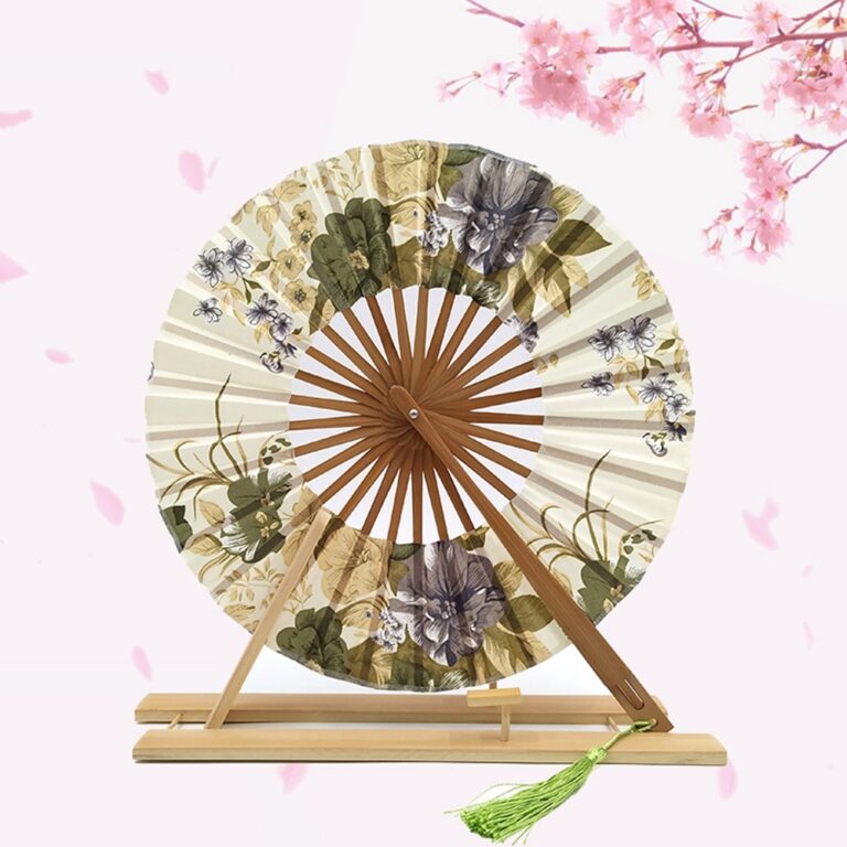 Éventail japonais rond floral turquoise