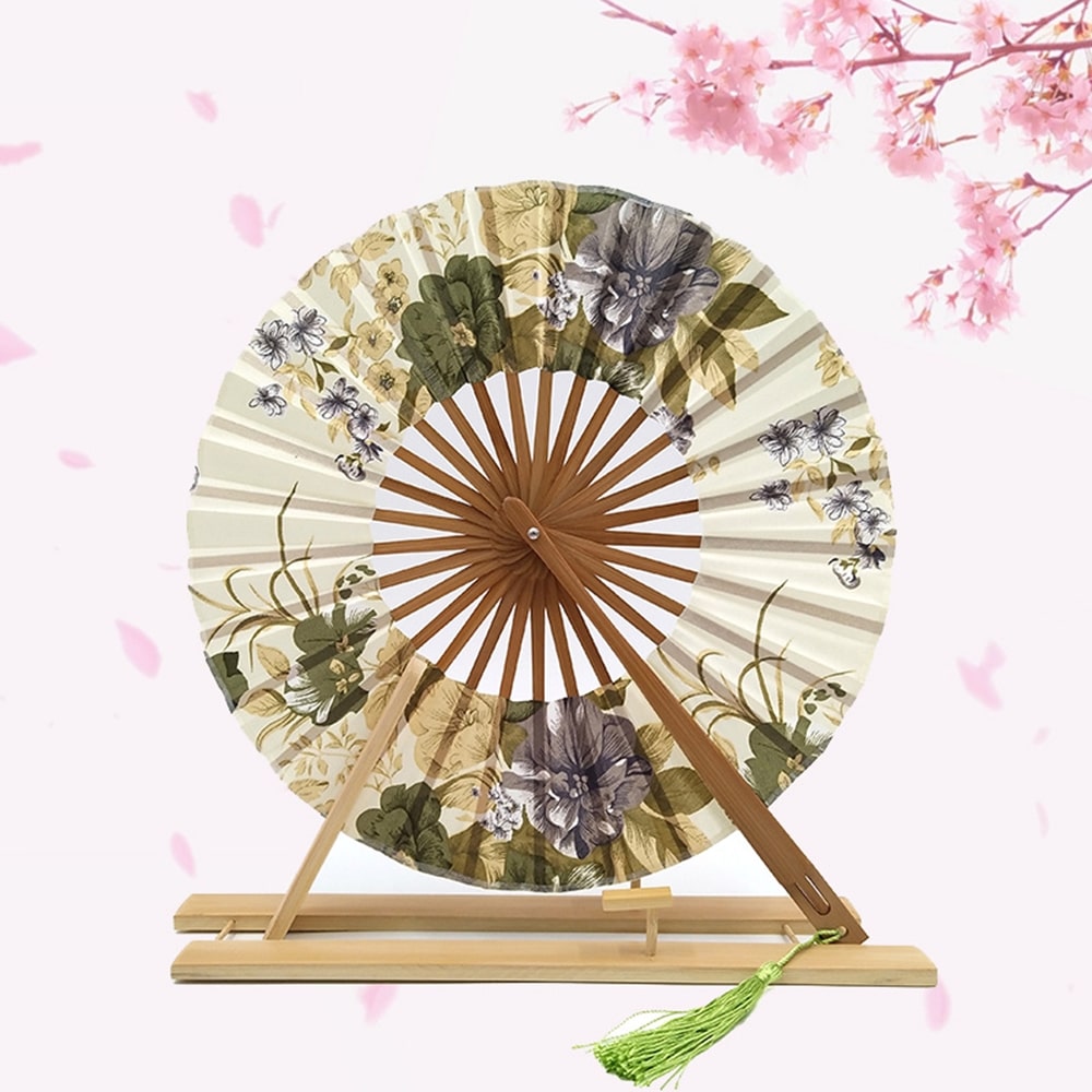 Éventail japonais rond floral turquoise