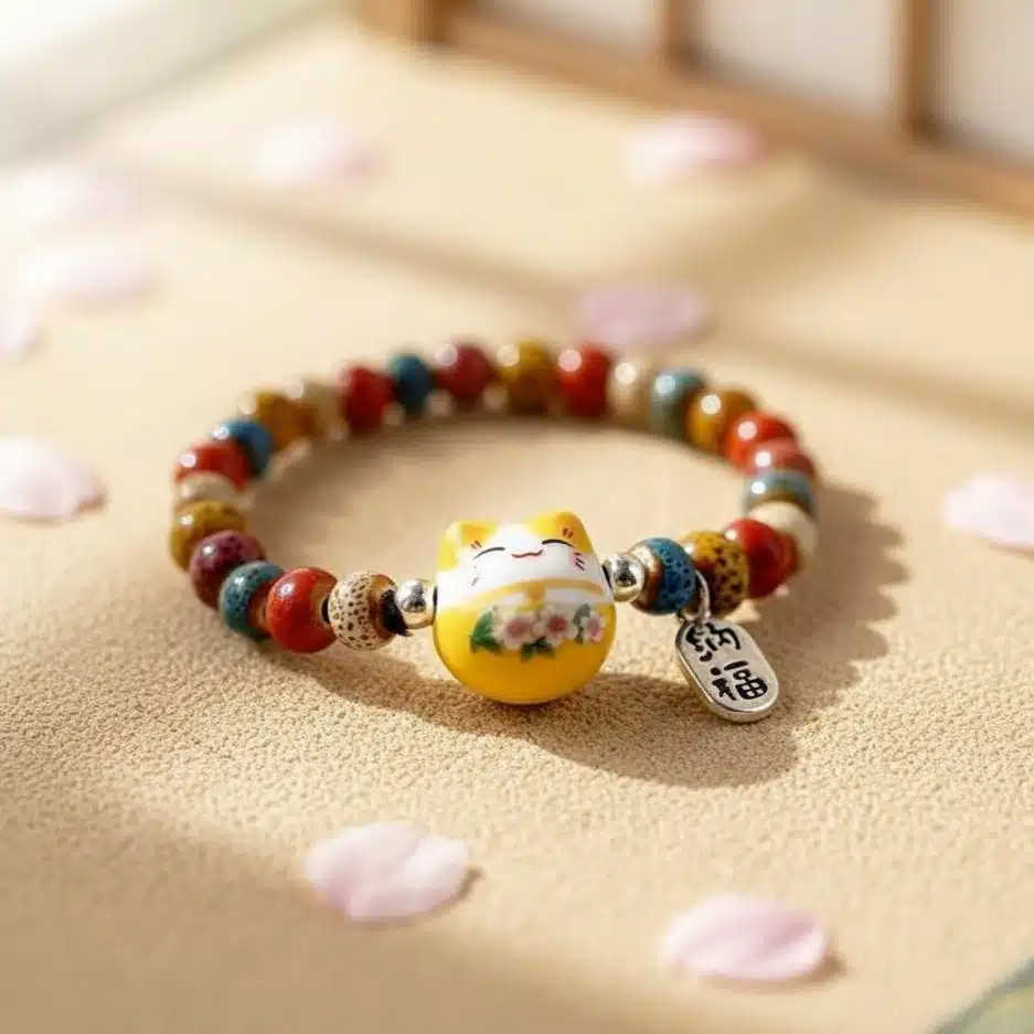 Bracelet Porte Bonheur Japonais à Perles Jaune – picture