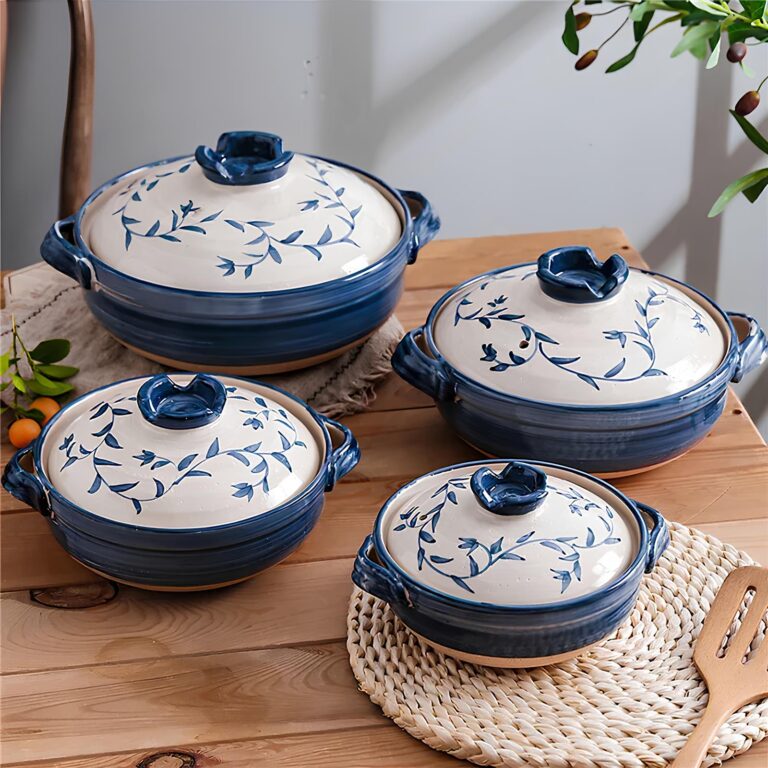 Marmite en terre cuite japonaise bleue florale