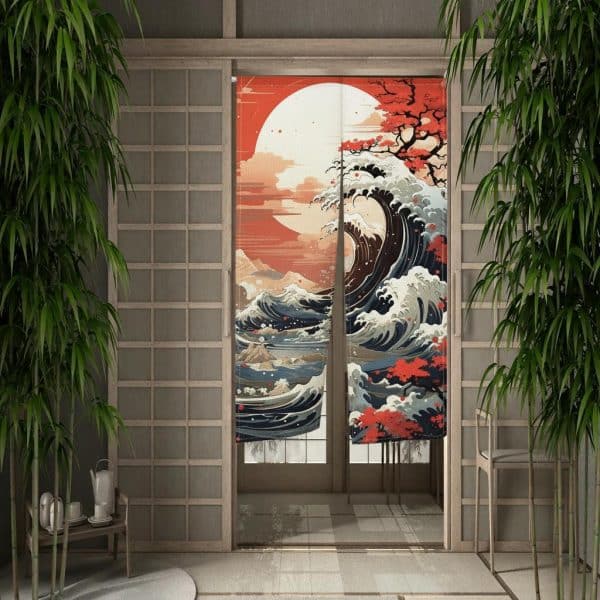 Rideau Motif Japonais Grande Vague & Ciel Rougeoyant