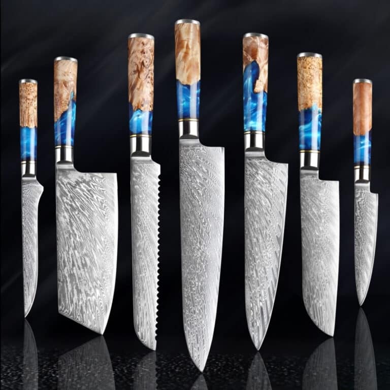 Set de 7 couteaux de cuisine japonais damas 67 couches | manche bleu