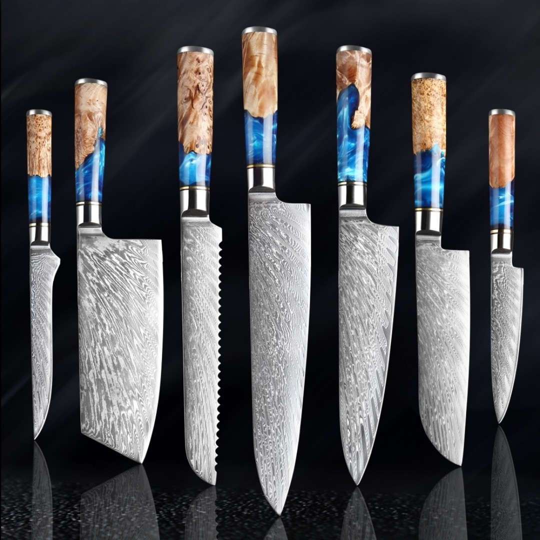 Set de 7 couteaux de cuisine japonais damas 67 couches | manche bleu