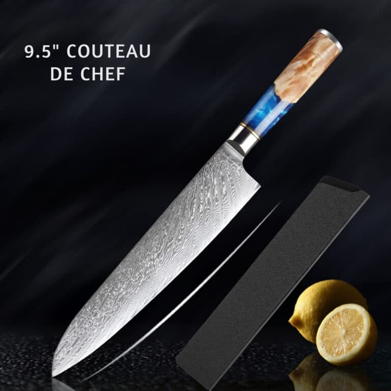 Couteau de chef japonais damas 67 couches | manche bleu 9.5''