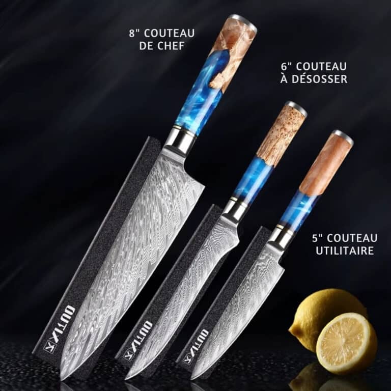 Set de 3 couteaux de cuisine japonais damas 67 couches | manche bleu