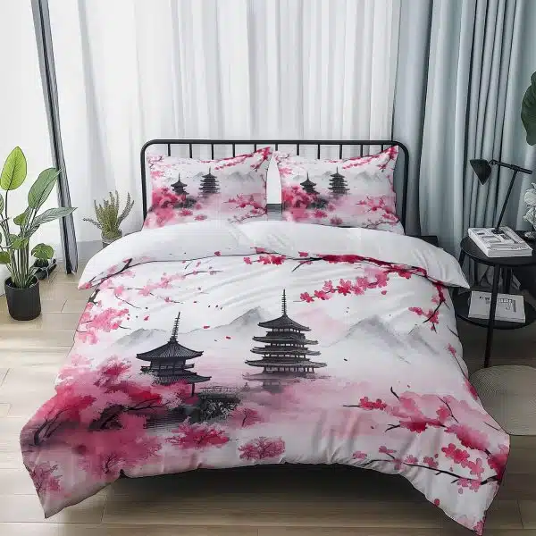 Linge de lit Japonais pagodes et fleurs de cerisier