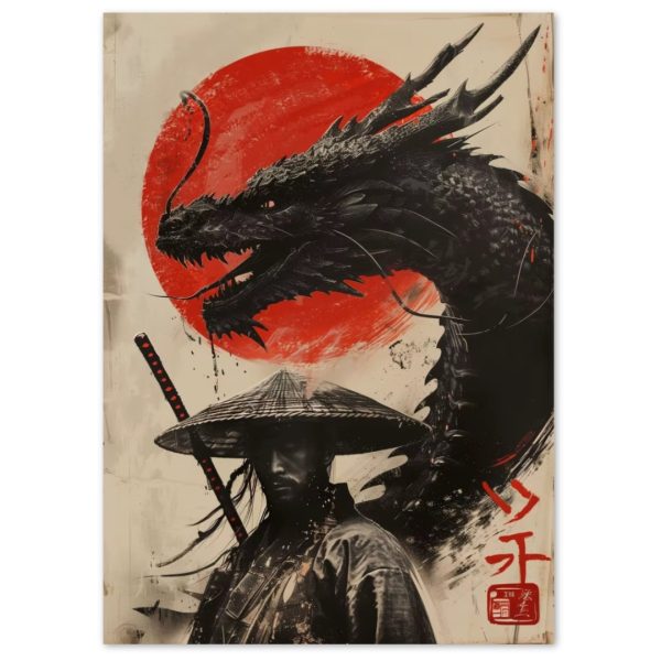 Tableau samourai japonais et dragon noir