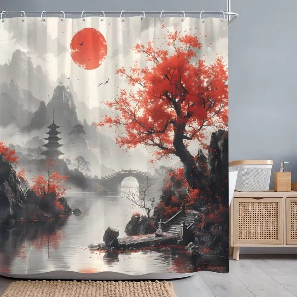 Rideau de bain motif japonais paysage apaisant