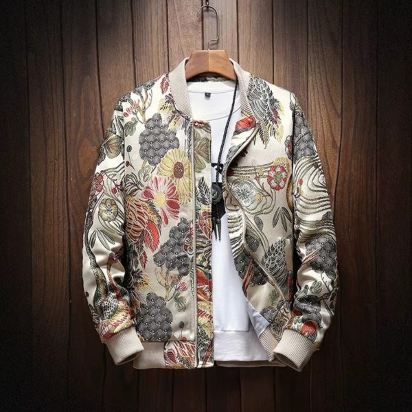 Bomber japonais homme crème à motifs floraux
