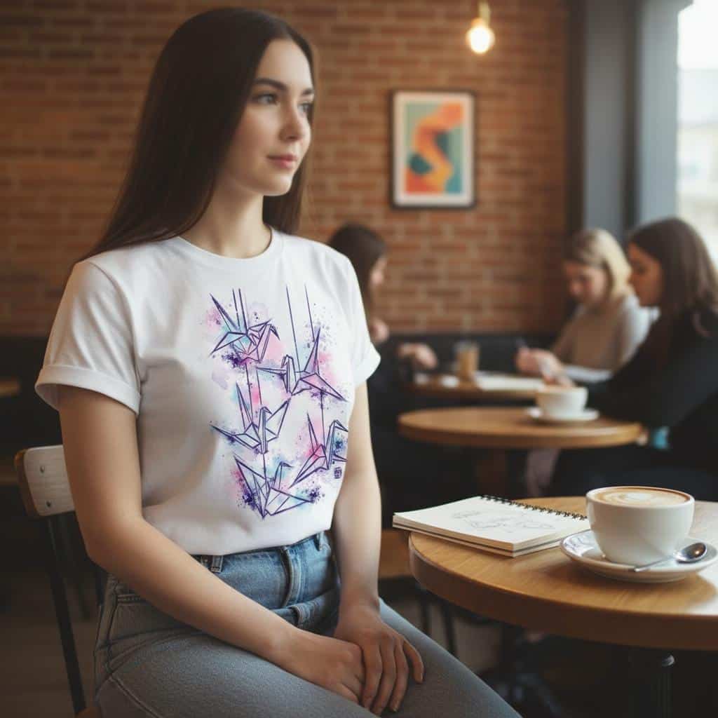 T-shirt blanc artistique avec design de grues origami