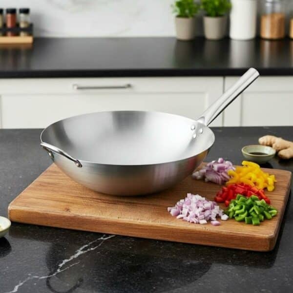 Wok en acier inoxydable avec poignée anti-brûlure pour cuisine au gaz