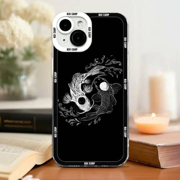 Coque iPhone et Samsung avec motif de carpe koi japonais en noir et blanc