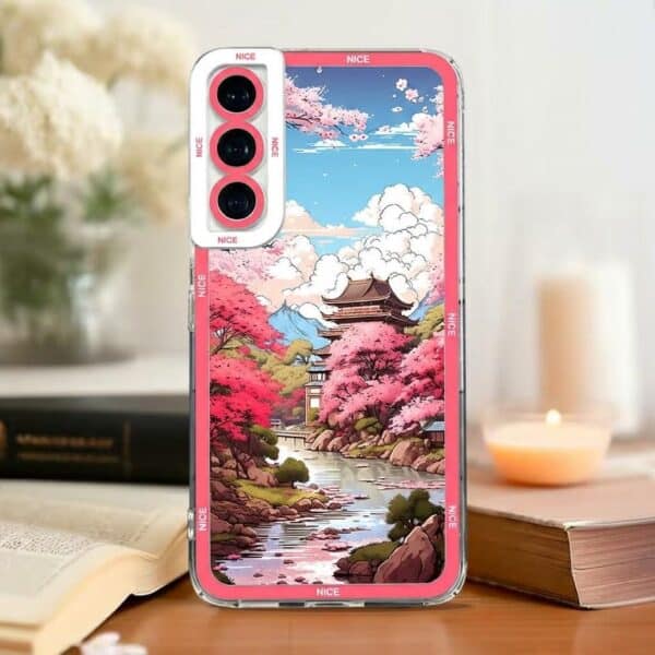 Coque iPhone/Samsung décor de cerisiers en fleurs et de temple japonais