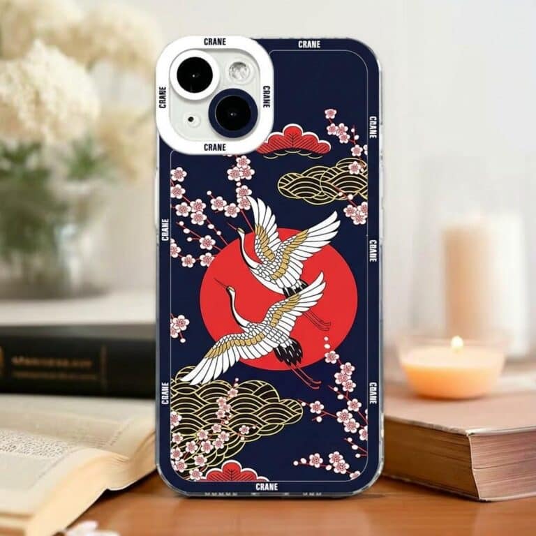 Coque de téléphone Samsung motif floral et grues style japonais