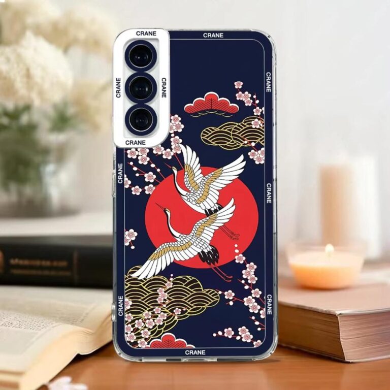 Coque de téléphone Samsung motif floral et grues style japonais