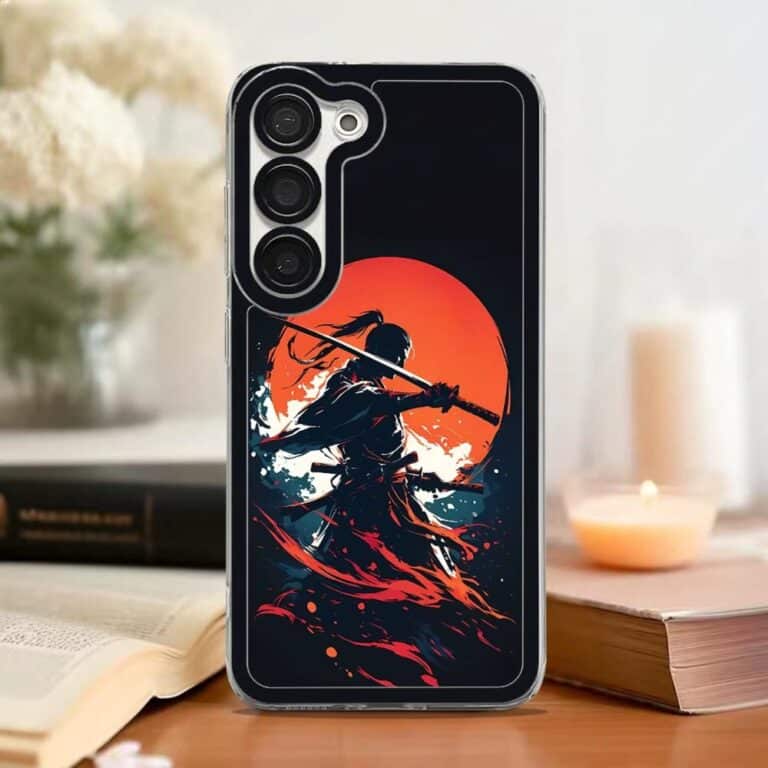 Coque iPhone et Samsung design de guerrier japonais avec soleil couchant