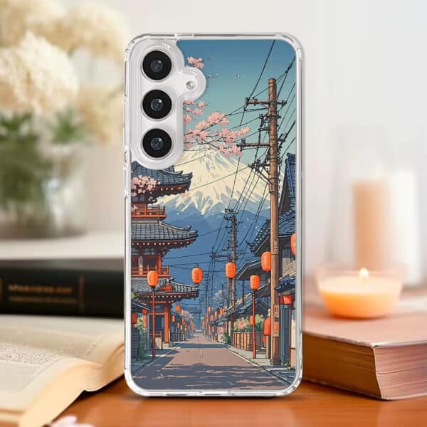 Coque iPhone et Samsung paysage japonais avec temples et cerisiers