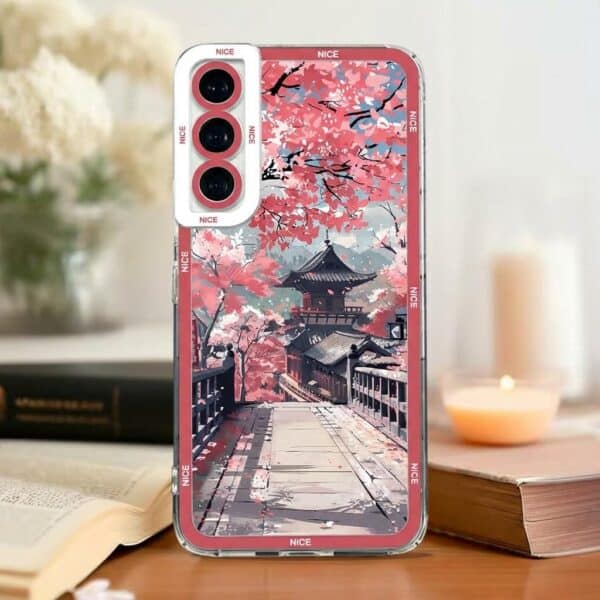 Coque pour Samsung et iPhone motif temple japonais et cerisiers en fleurs