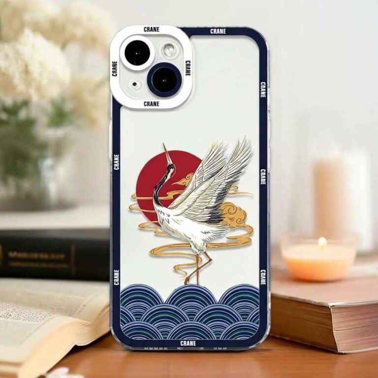 Étui de téléphone avec motif de grue et vagues style japonais