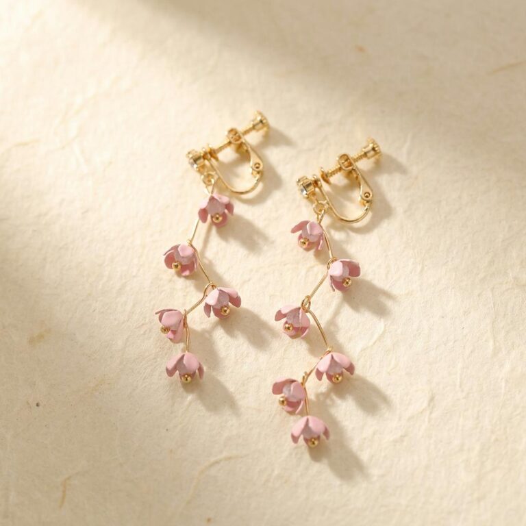 Boucles D'oreilles Pendantes à Clip sans Piercing Fleurs de Cerisier Sakura - picture 3305