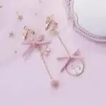 Boucles D'oreilles à Clip Asymétriques avec Sakura Rose et Doré, Lapin et Fleur de Cerisier - galerie 3846