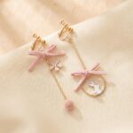 Boucles D'oreilles à Clip Asymétriques avec Sakura Rose et Doré, Lapin et Fleur de Cerisier - picture 9512
