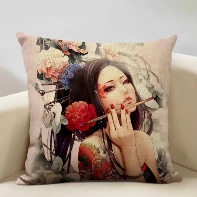 Housse de Coussin Décorative Carrée Portrait de Femme Japonaise 6