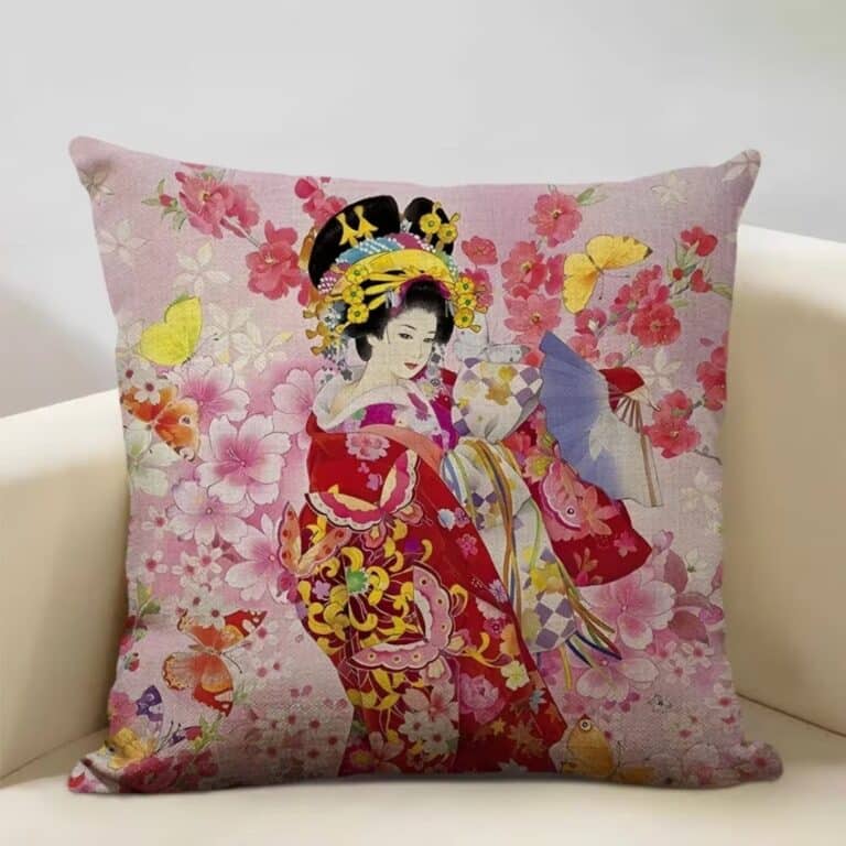 Housse de Coussin Décorative Carrée Portrait de Femme Japonaise 9