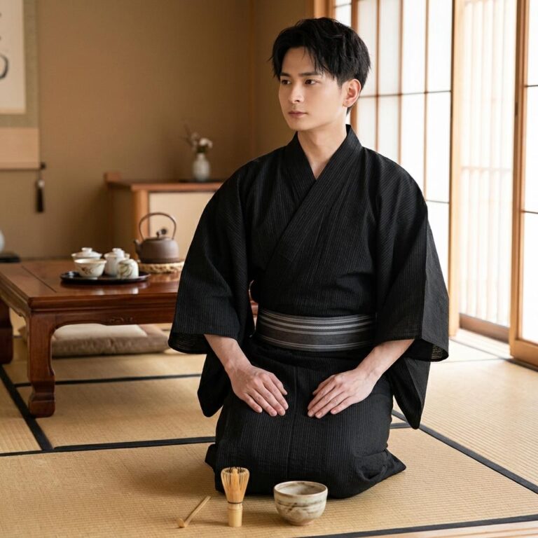 Kimono-Yukata-Homme-Noir-en-Coton-y-Fines-Rayures-avec-Ceinture-picture-4187