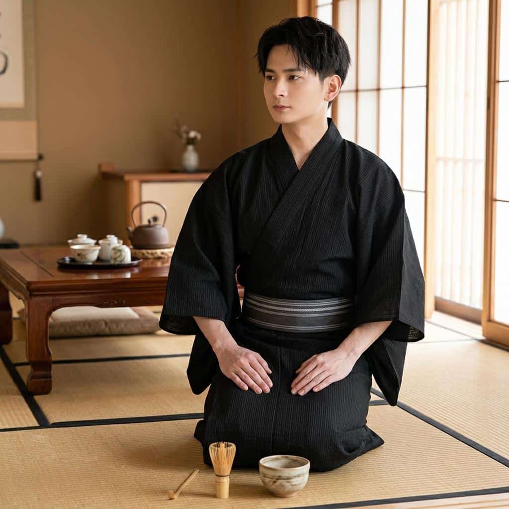 Kimono yukata homme noir en coton à fines rayures avec ceinture