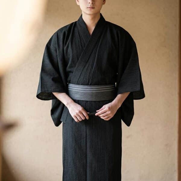 Accueil Kimono yukata homme noir en coton à fines rayures avec ceinture