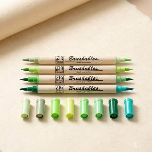 Lot de 4 marqueurs pinceaux aquarelle double pointe Kuretake, verts