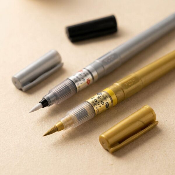 Stylo pinceau Kuretake pour calligraphie et manga encre argent ou doré