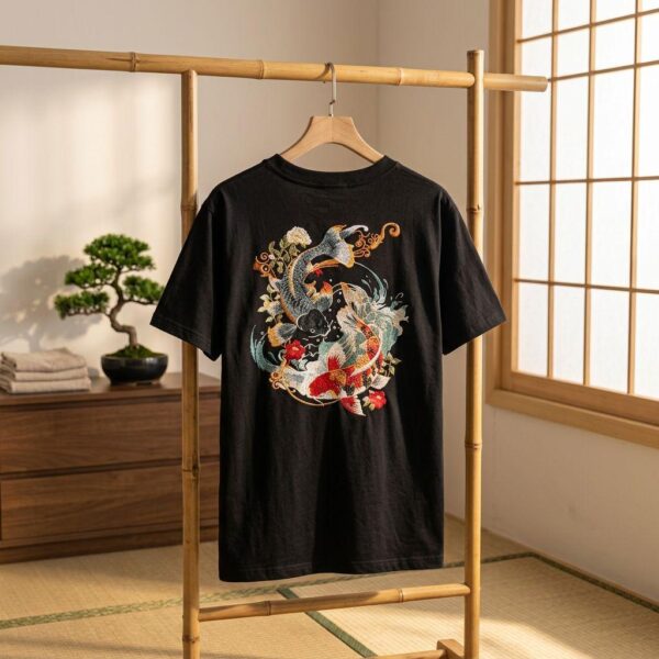 T-shirt Japonais en Coton Blanc ou Noir avec Carpe Koi