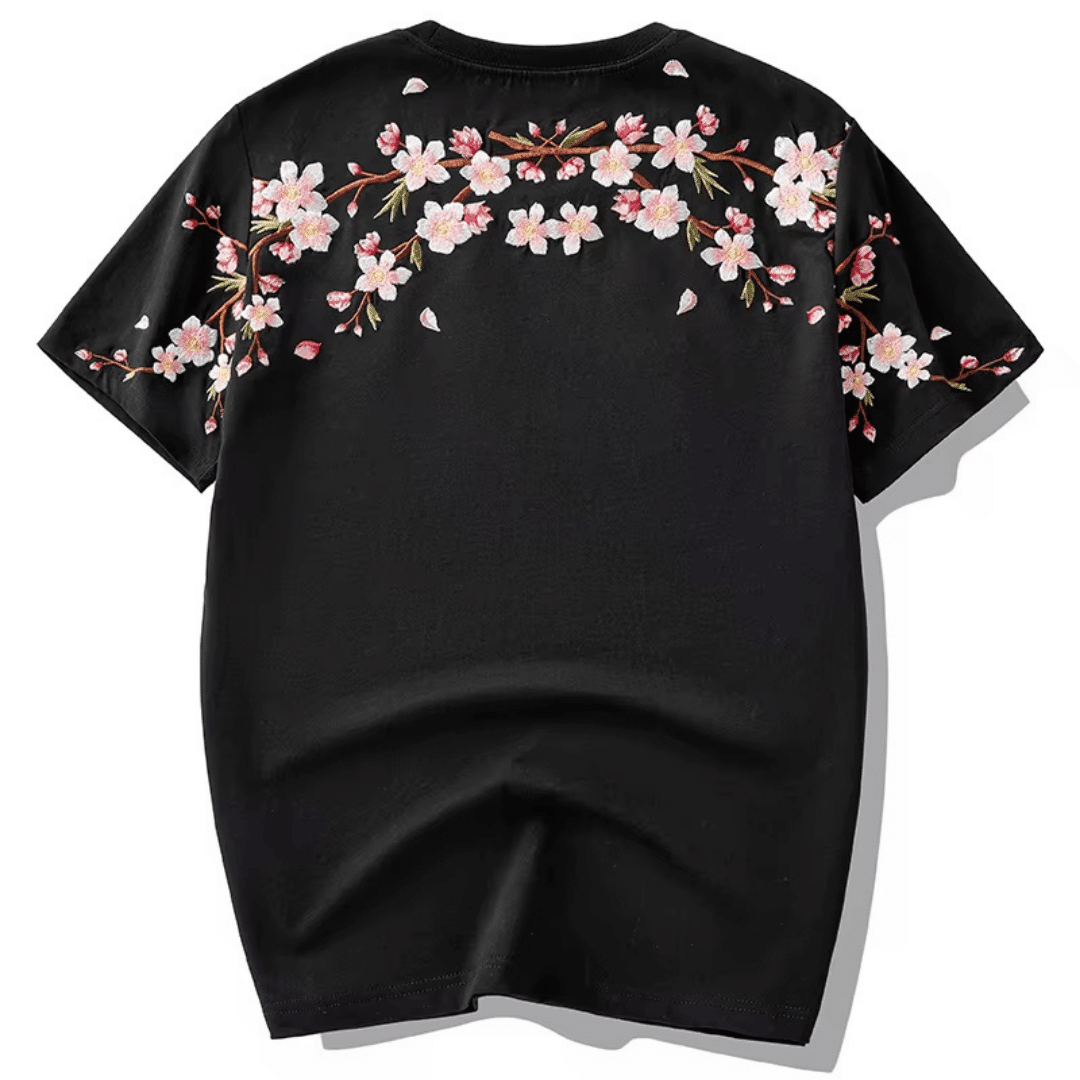 T-shirt streetwear à col rond en coton avec fleurs de cerisier au dos