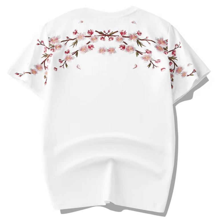 T-shirt Streetwear à col Rond en Coton avec Fleurs de Cerisier au Dos 2