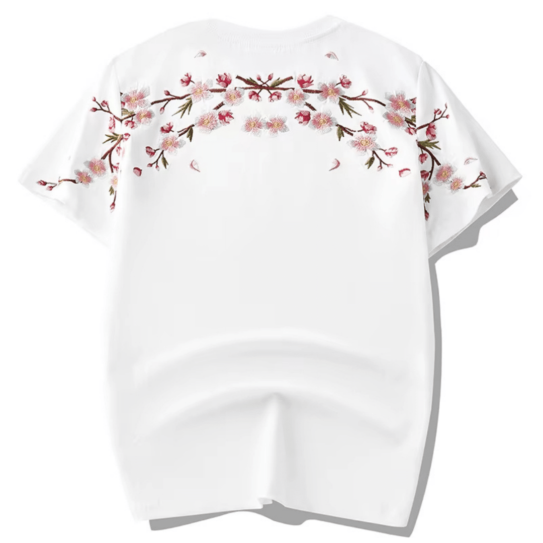 T-shirt streetwear à col rond en coton avec fleurs de cerisier au dos