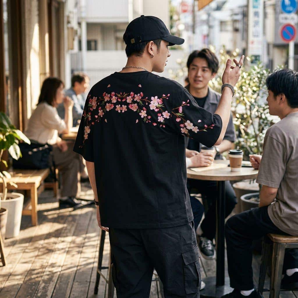 T-shirt streetwear à col rond en coton avec fleurs de cerisier au dos