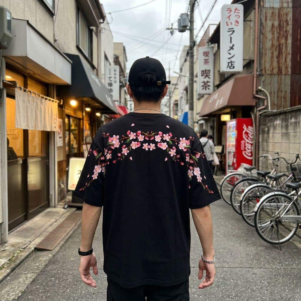 T-shirt streetwear à col rond en coton avec fleurs de cerisier au dos