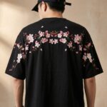 T-shirt-Streetwear-y-col-Rond-en-Coton-avec-Fleurs-de-Cerisier-au-Dos-picture-9298