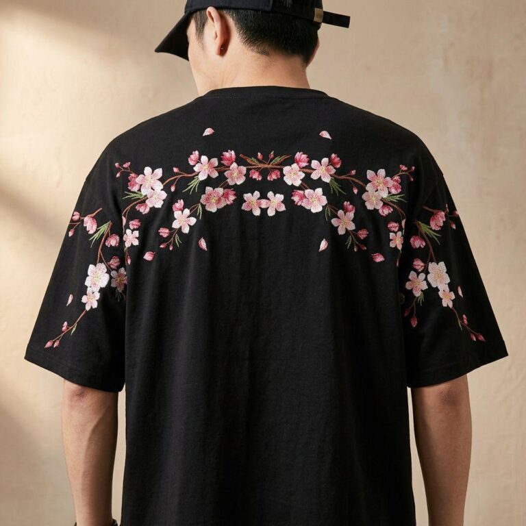 T-shirt-Streetwear-y-col-Rond-en-Coton-avec-Fleurs-de-Cerisier-au-Dos-picture-9298