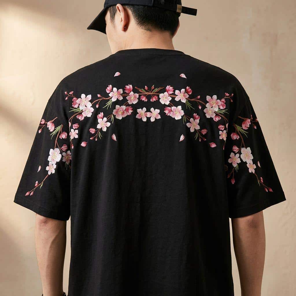 T-shirt streetwear à col rond en coton avec fleurs de cerisier au dos